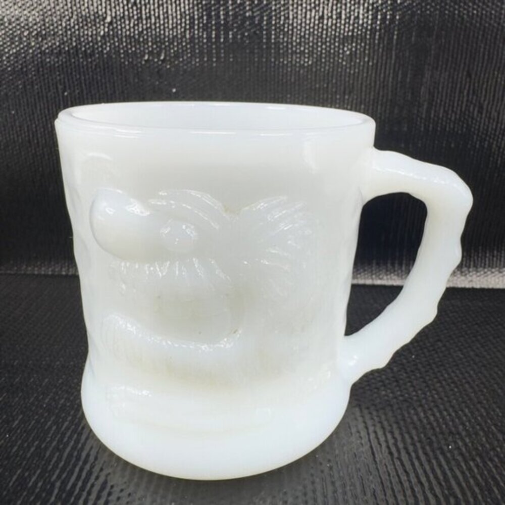 Vintage Grog Johnny Hart BC Comic White Milk Glass Coffee Mug Cup 3D Raised VTG